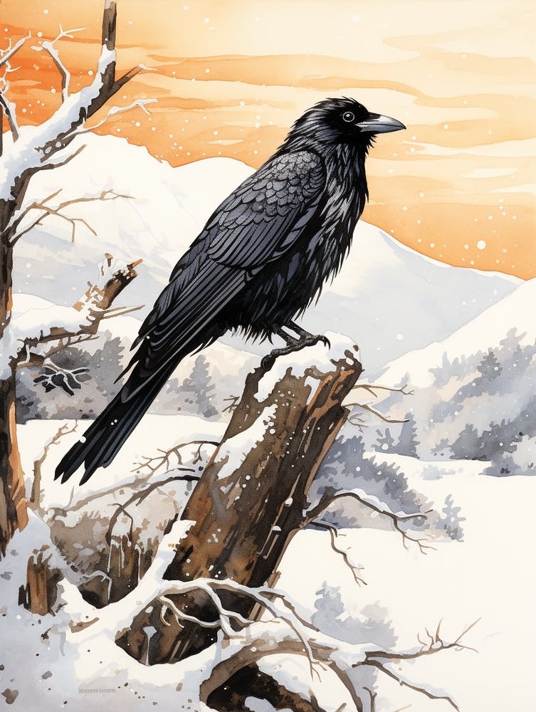 Winter Bird Painting Raven 1
