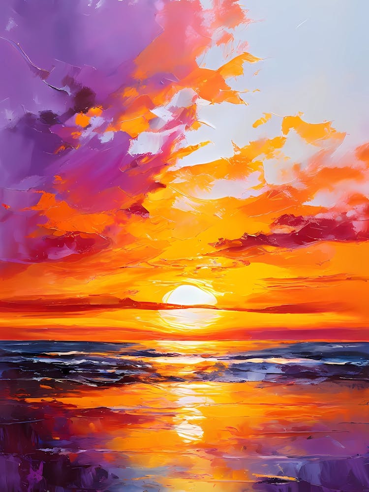 An Acrylic Painting Of A Vibrant Sunset Over A Tranquil Sea Sky Ablaze With Deep Oranges And Purple (2) (1)