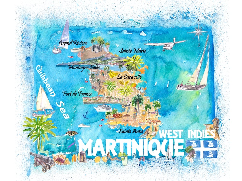 Martinique West Indies Illustrated Travel Map With Roads And Highlights