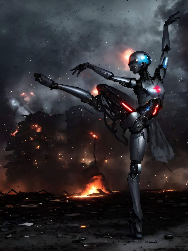 AI Robot dancing ballet during world war