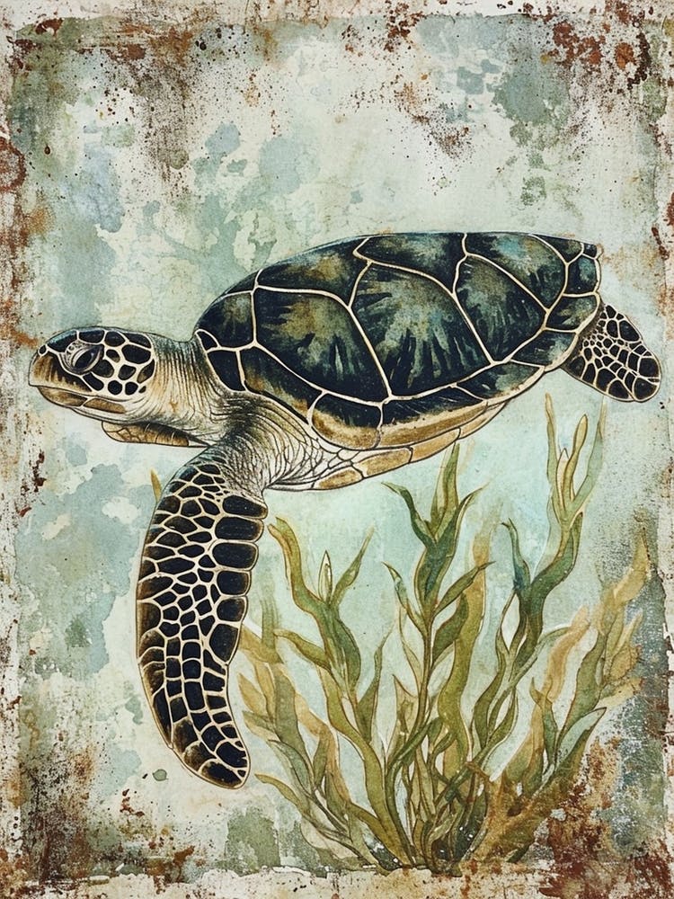 Vintage Sea Turtle In The Seaweed 1