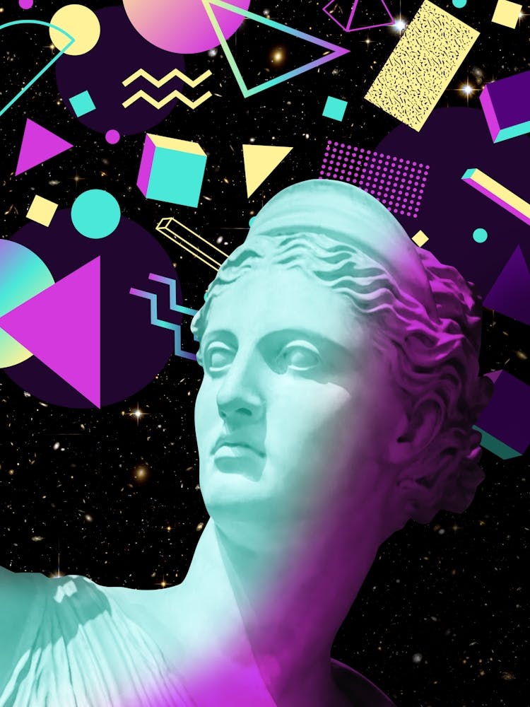 Retro Vaporwave: Neon Greek Statue – Neon Aesthetic 80s Art, Cyberpunk Wall Decor, Abstract Geometric Space Poster, video game art 1
