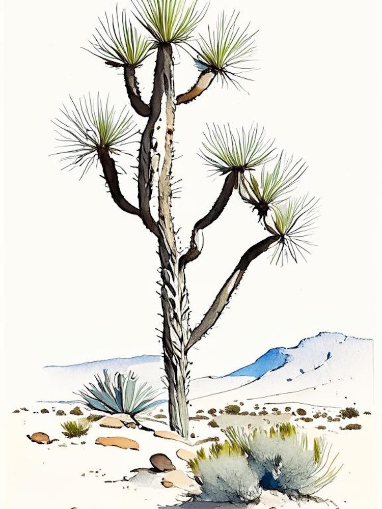Joshua Tree In Mountain Foothill Minimilist Watercolour  (1)