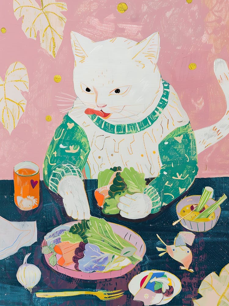 White Cat Salad Lover Folk Illustration 2
