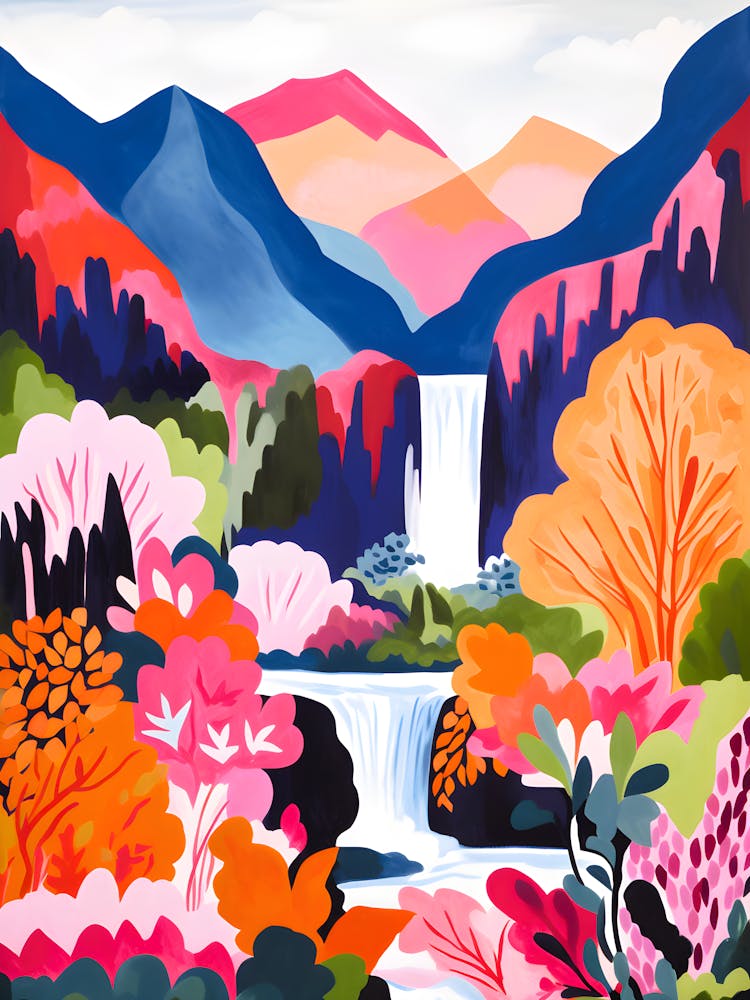Vibrant Waterfall Landscape – Colorful Nature Art With Mountains And Foliage