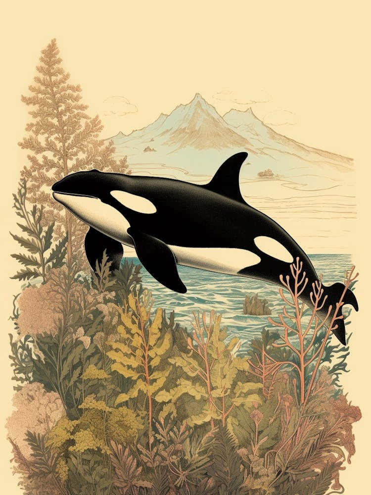 Vintage Orca Whale Drawing With Plants