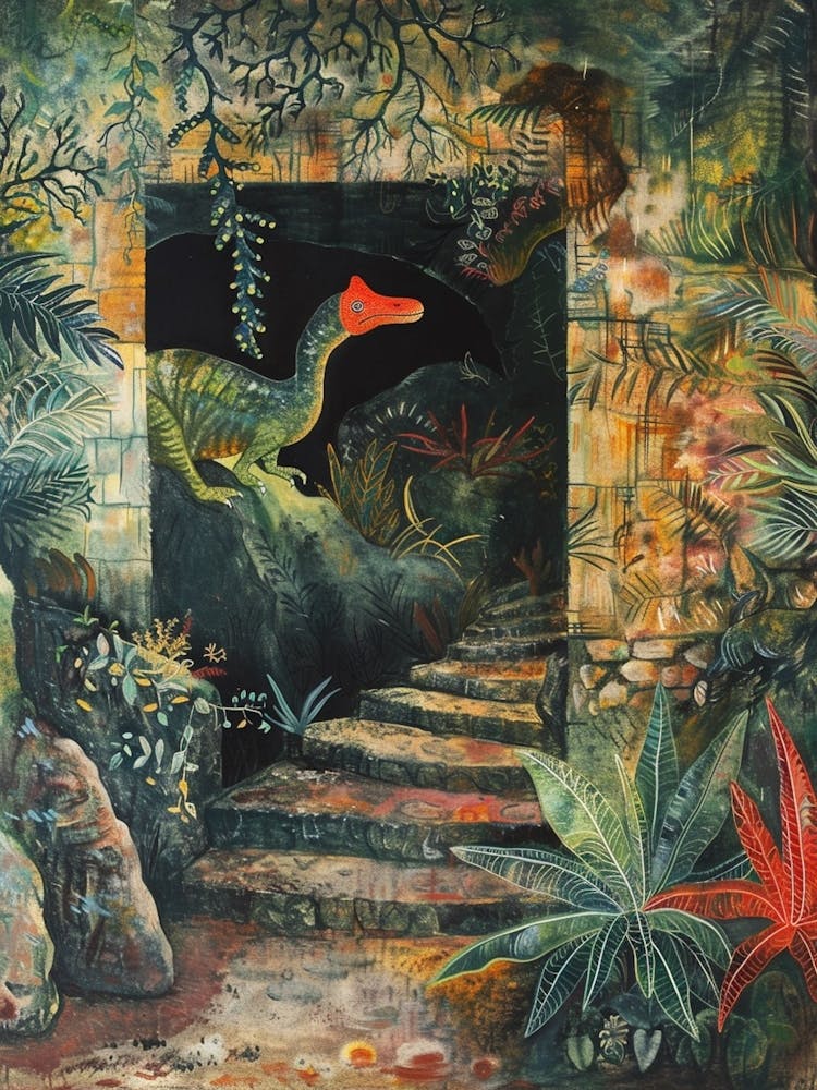 Dinosaur In An Ancient Tunnel Covered In Vines Painting 1