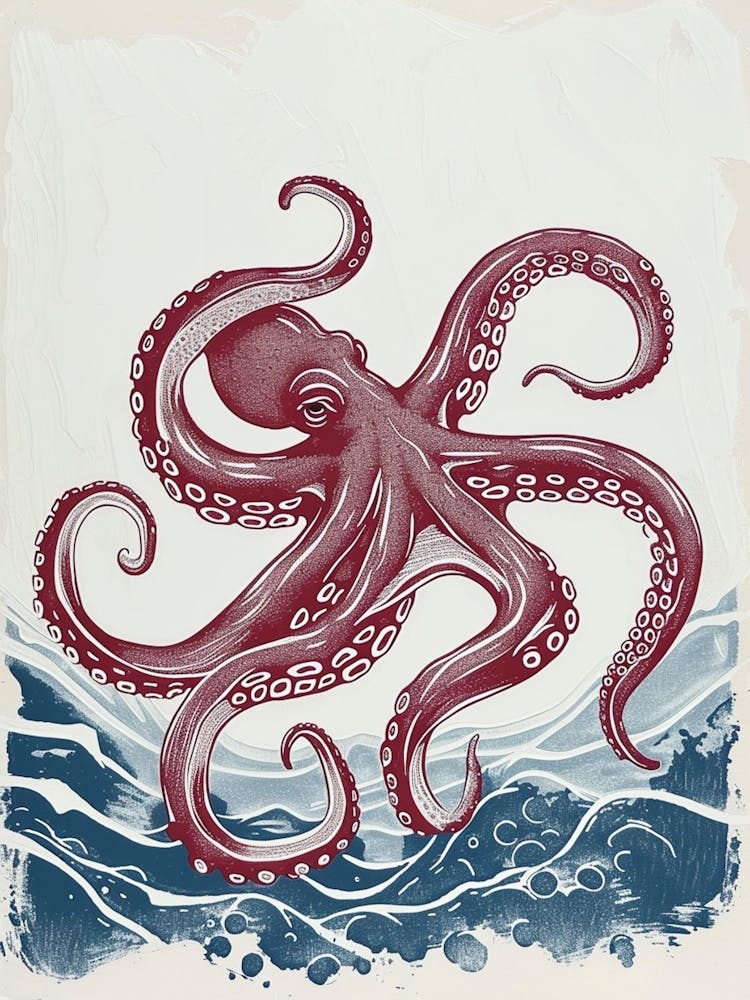 Red & Navy Blue Octopus In The Ocean Linocut Inspired 4