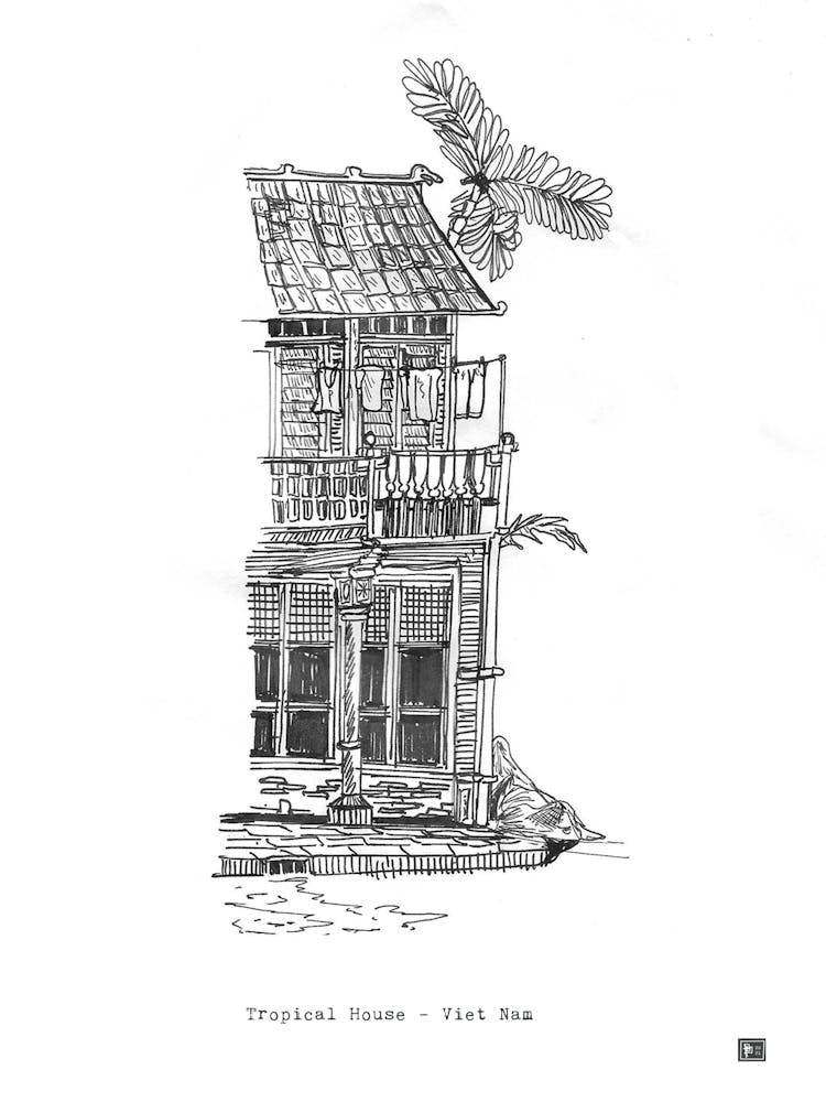 Tropical House Hoi An Vietnam Architecture Pen Ink Drawing