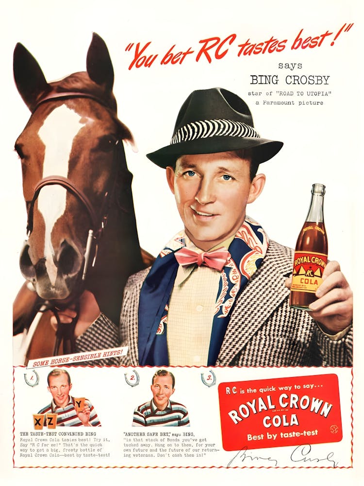 Bing Crosby with Horse, Royal Crown Cola, Vintage Advertisement