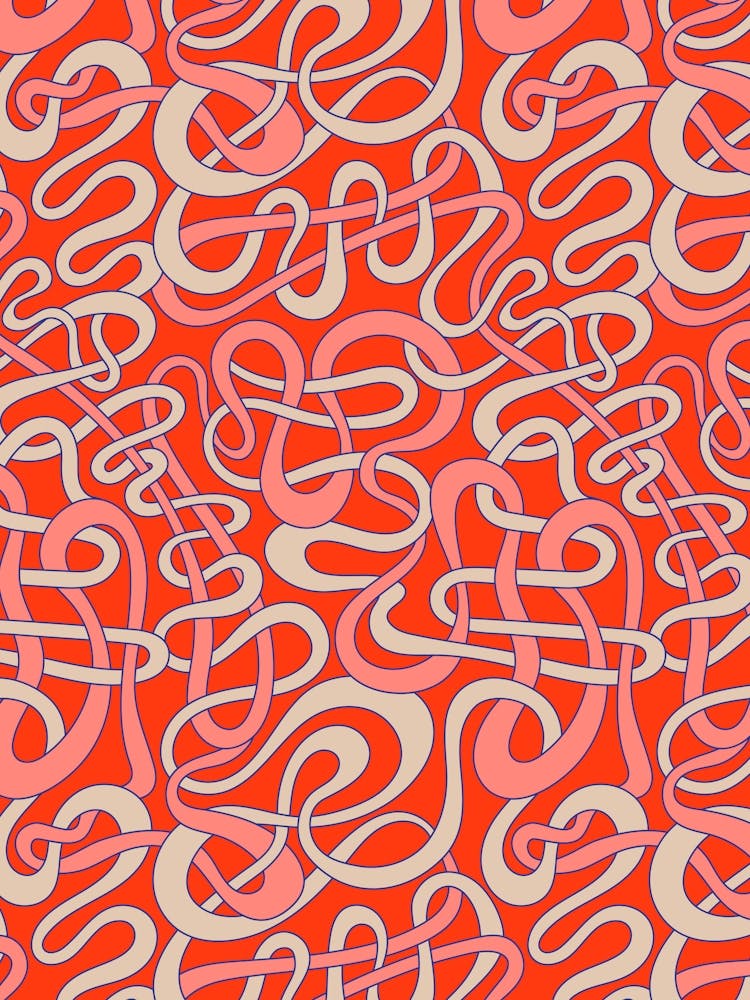 MY STRIPES ARE TANGLED Curvy Organic Abstract Squiggle Shapes in Retro Salmon Pink Cream Sapphire Blue on Coral Red