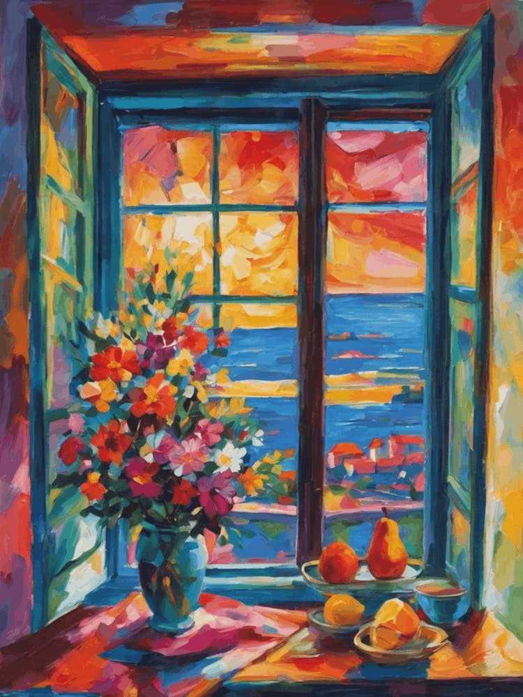 Matisse Inspired Open Window on the Riviera with Fruit Flowers Vibrant Rainbow of Colors Depicting Happiness Sunset Beauty Abstract HD Impressionism Mid Century High Resolution