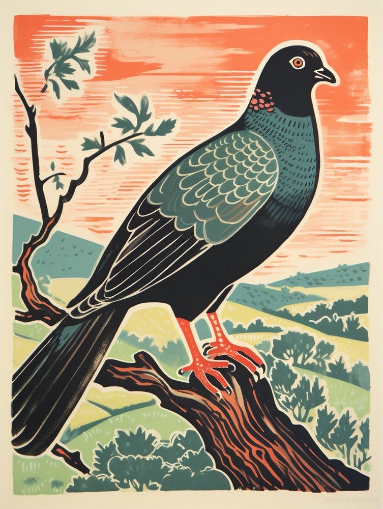 Vintage Bird Linocut Pigeon 1