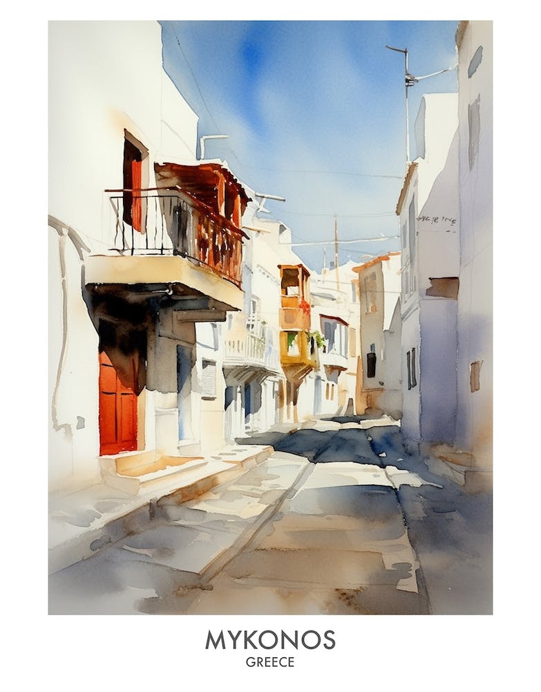 Mykonos Greece Watercolour Travel Poster 4