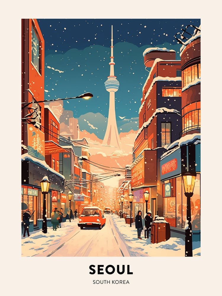 Winter Night  Travel Poster Seoul South Korea 1