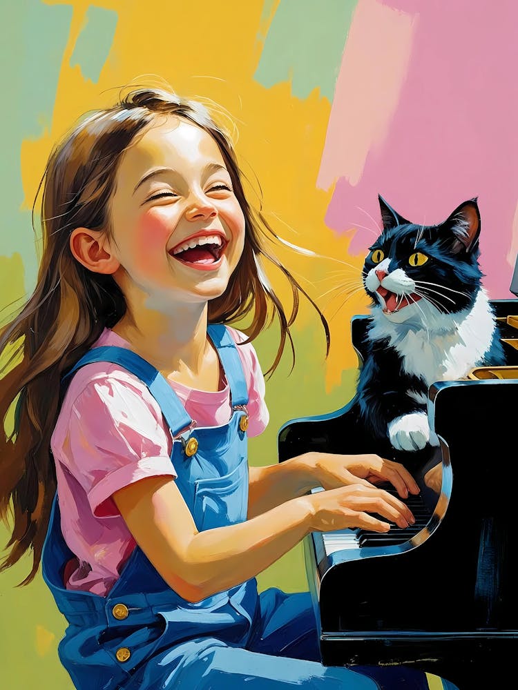 Little Girl Playing Piano With Cat 1