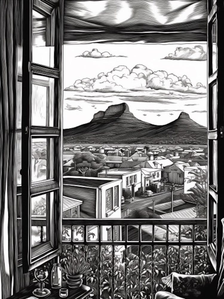 A Window View Of Cape Town In The Style Of Black And White  Line Art 1