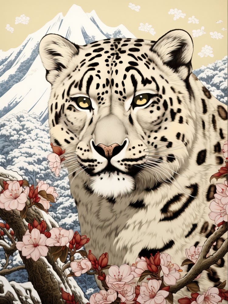 Schneeleopard Tierzeichnung Im Stil Von Ukiyo-e 2