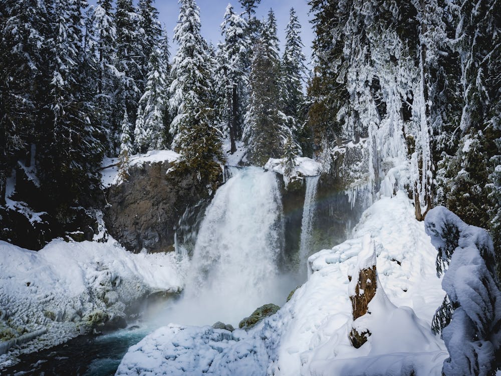 Snow Covered Winter Waterfall - McKenzie River