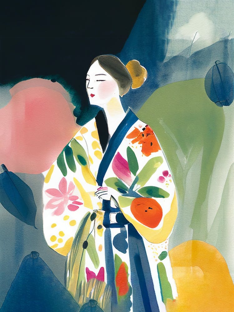 Mädchen mit großem Kimono und Blumen Aquarell