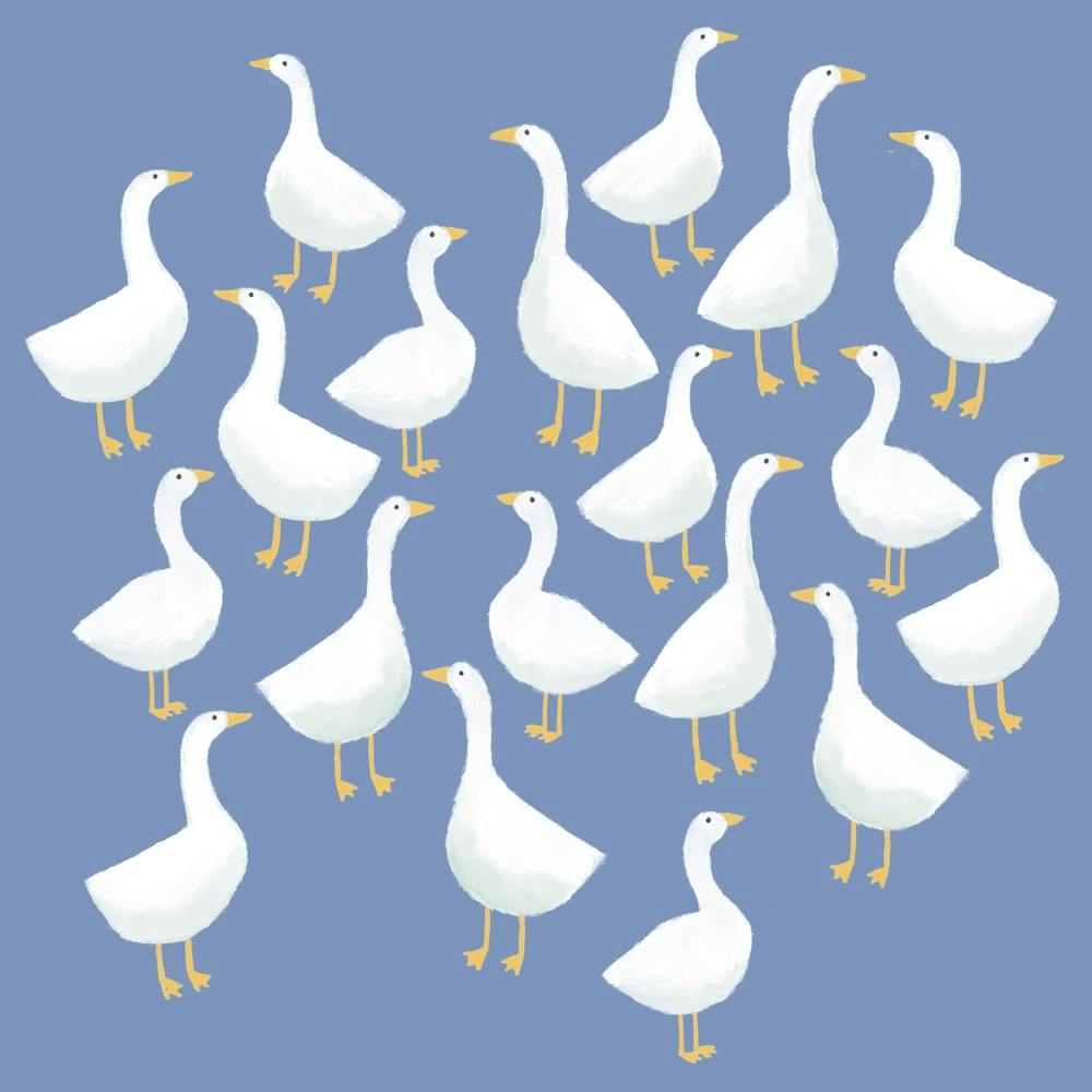 Flock Of White Geese on a Blue Background