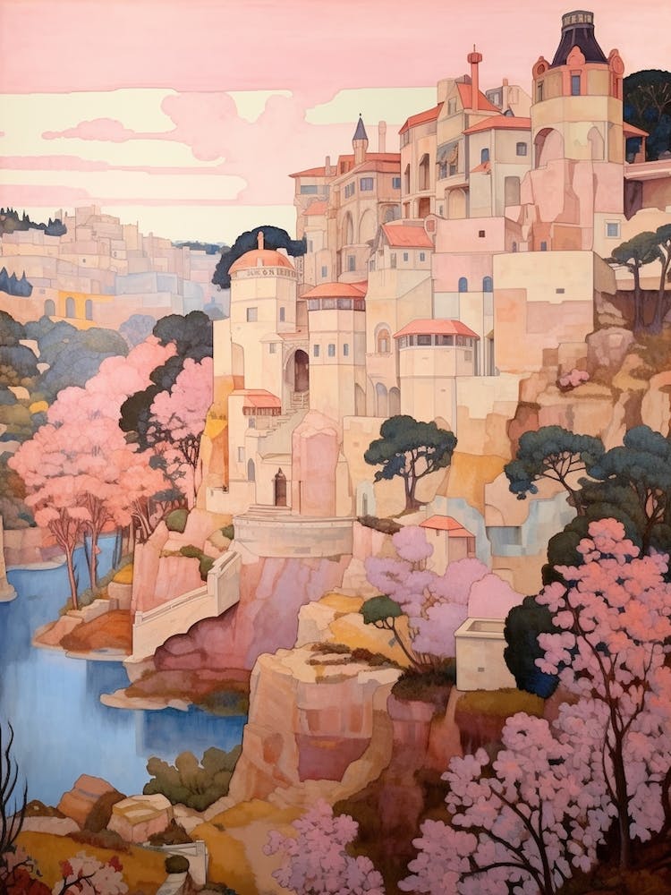 Gozo Malta 3 Vintage Pink Travel Illustration