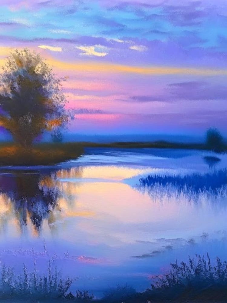 Sunset Over Pond Waterscape Marble Acrylic Painting 1