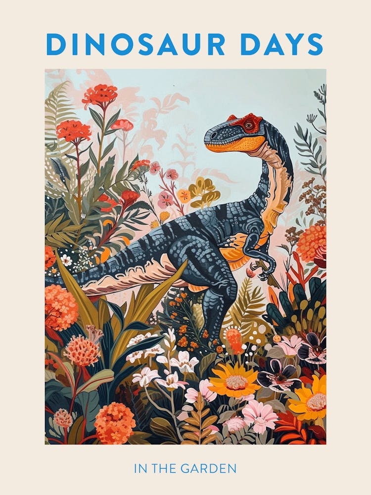 Dinosaur In The Garden Colourful Poster 2