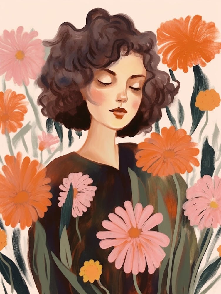 Woman With Autumnal Flowers Scabiosa