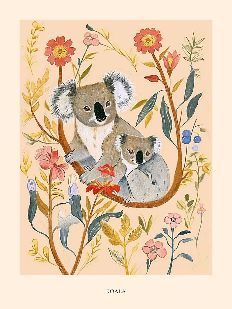 Folksy Floral Animal Drawing Koala 5 Poster