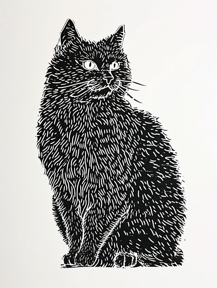 Selkirk Rex Cat Linocut Blockprint 7