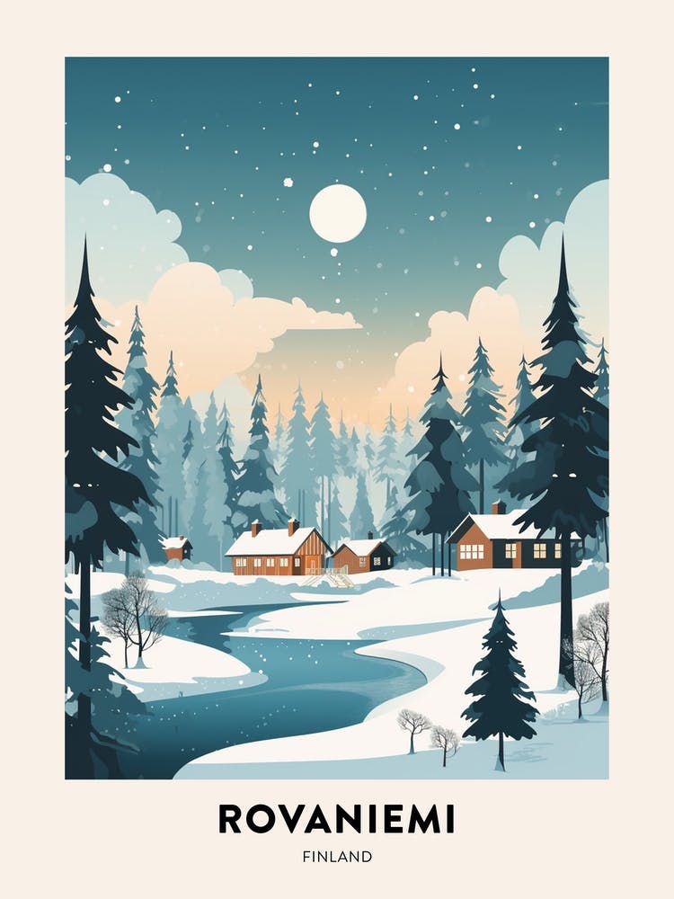 Winter Night  Travel Poster Rovaniemi Finland