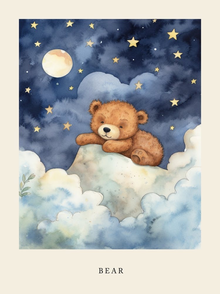 Baby Bear Cub 1 Sleeping In The Clouds Nursery Poster