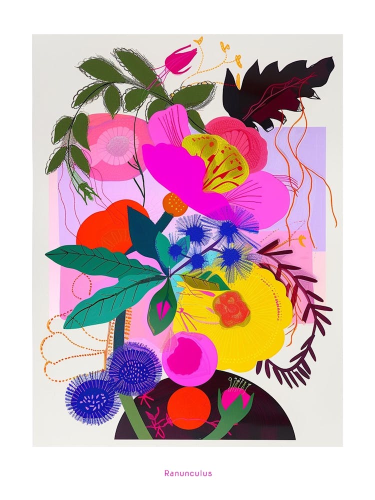 Ranunculus 1 Neon Flower Collage Poster