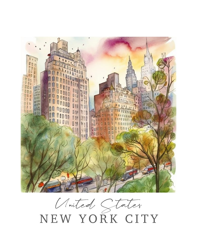 United States, New York City Storybook 6 Travel Poster Watercolour