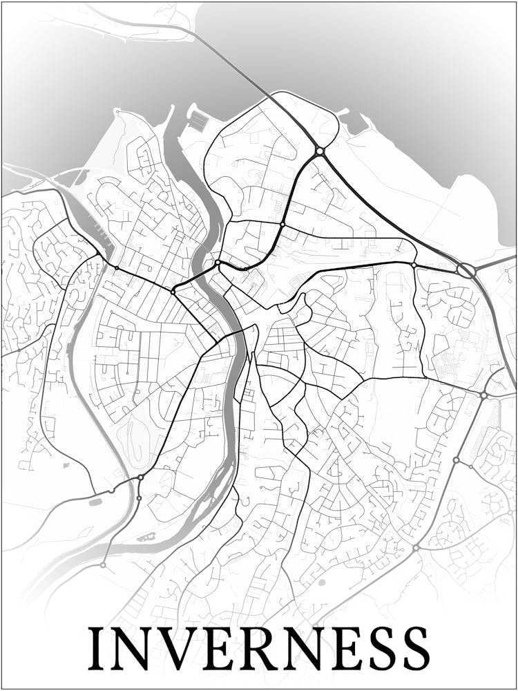 Inverness, Scotland, Uk, City Map, Black And White Fade Design