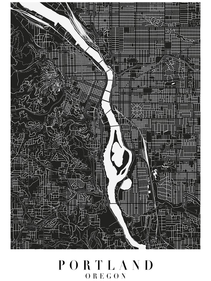 Portland Oregon Minimal Black Mono Street Map 
