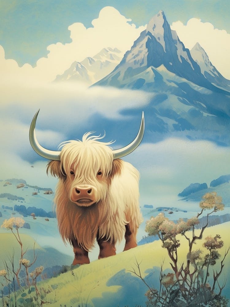 Blonde Animated Highland Cow With Mountain In The Background