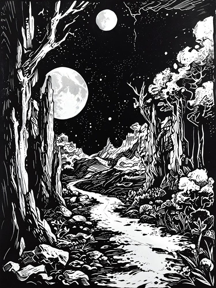 Black And White Woodcut Print