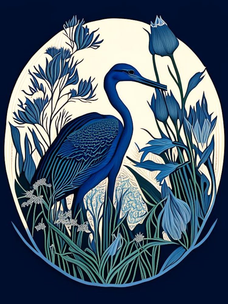 Blue Heron With Flowers Vintage Linocut 1