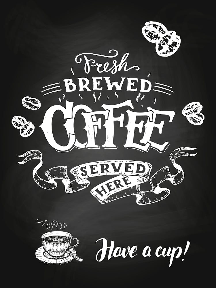 Frisch Gebrühter Kaffee Wird Hier Serviert Trink Eine Tasse — Kaffee-Poster, Küchendruck, Schriftzug