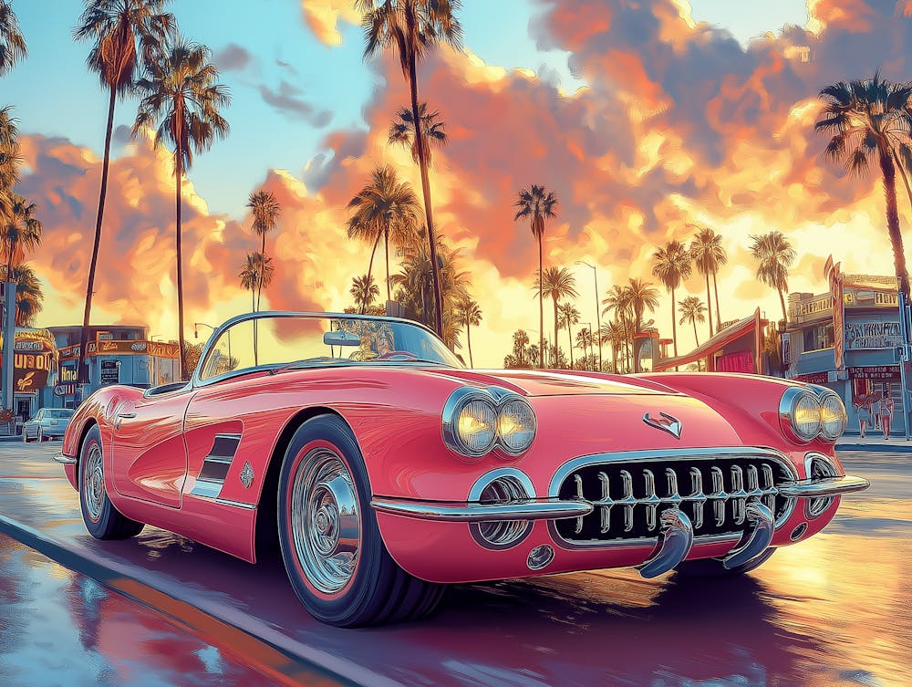 A Pink Convertible Corvette Driving Down The Street Of Hollywood, With Pastel Colors