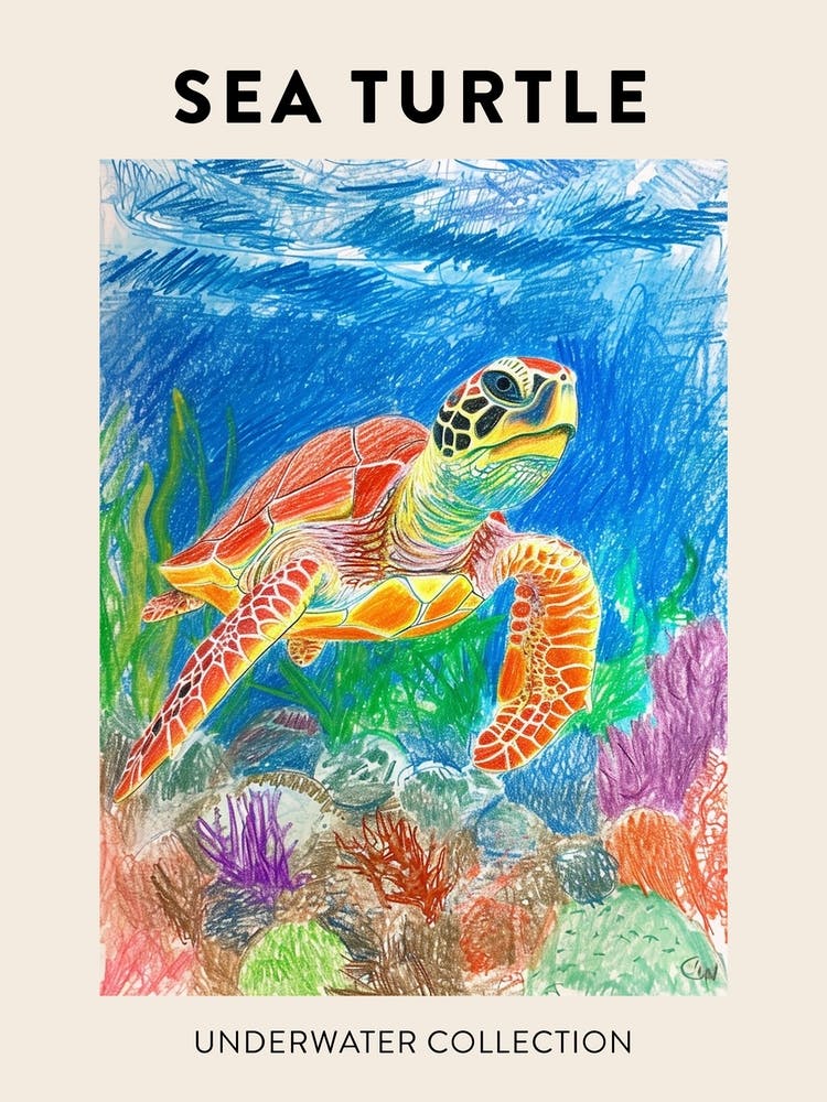 Rainbow Underwater Sea Turtle Crayon Scribble Poster 3