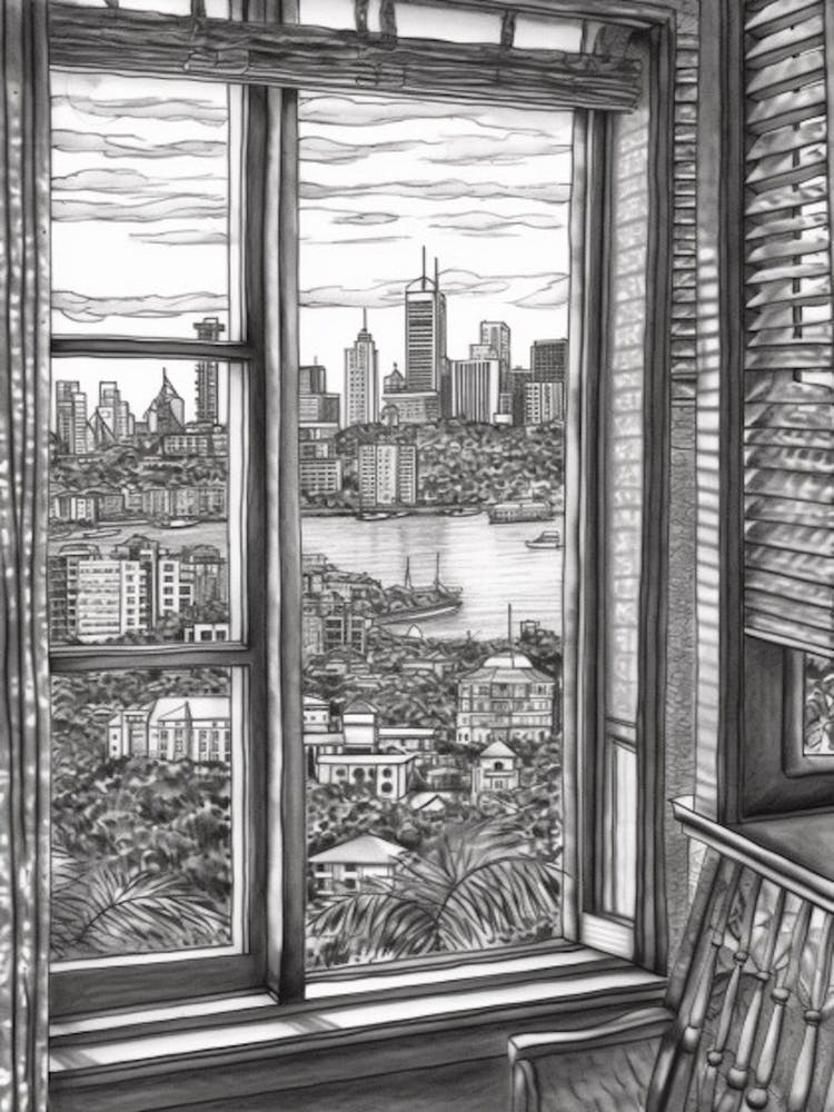 A Window View Of Sydney In The Style Of Black And White  Line Art 3