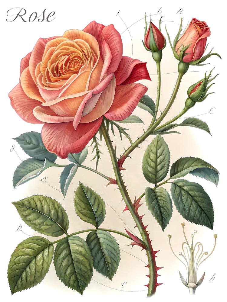 Scientific-Style Drawing of a Rose Oil Painting Style
