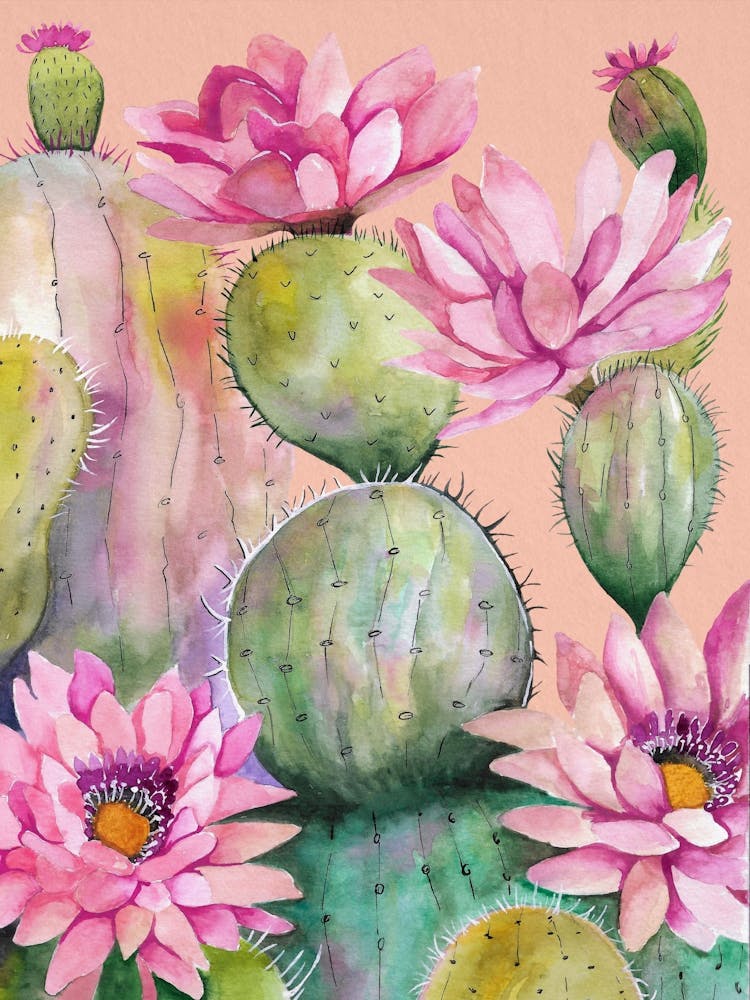 Watercolor Cactus With Pink Florals