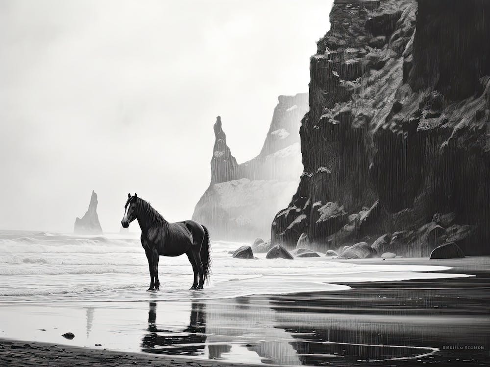 A Horse Oil Painting In Reynisfjara Beach, Iceland, Landscape 3