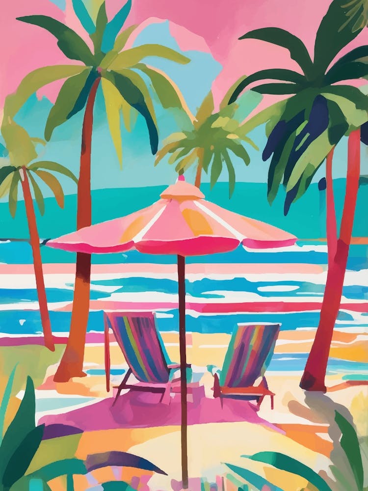 Pink Beach Chairs And Umbrella