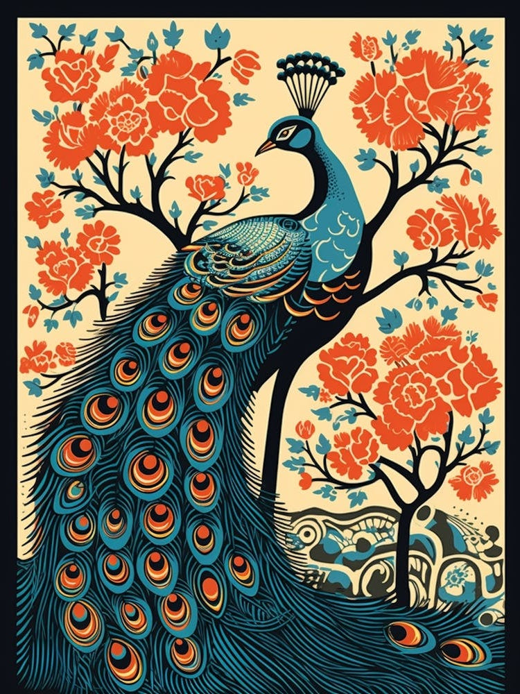 Vintage Bird Linocut Peacock 1
