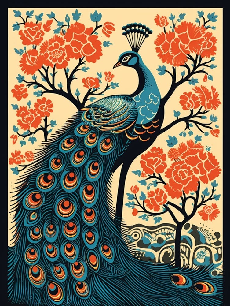 Vintage Bird Linocut Peacock 1